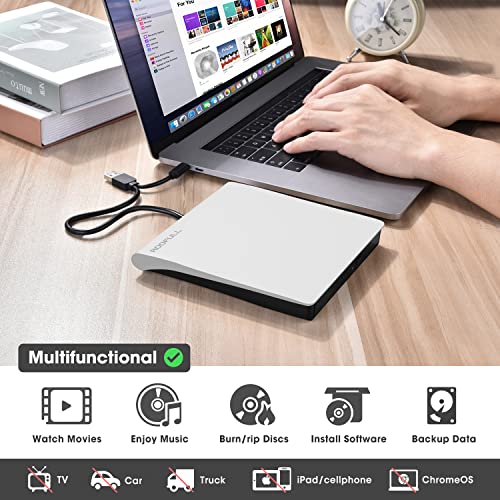 Roofull External Cd Dvd Drive Usb 3.0 & Usb-C, Portable Cd Dvd Rom +/-Rw Optical Disc Drive Player Reader Writer Burner For Apple Mac Macbook Pro/Air, Imac, Laptop Computer Windows 11/10/8/7, White #TOP5
