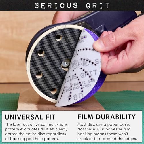 Image of Serious Grit - 5-Inch P80 Grit Ceramic Multi-Hole Sanding Discs - 50 Pack | Fits 5 inch Hook & Loop Sanders - Universal Dust Extraction Pattern - Film-Backed Heavy-Duty Sandpaper for Wood, Metal & Paint