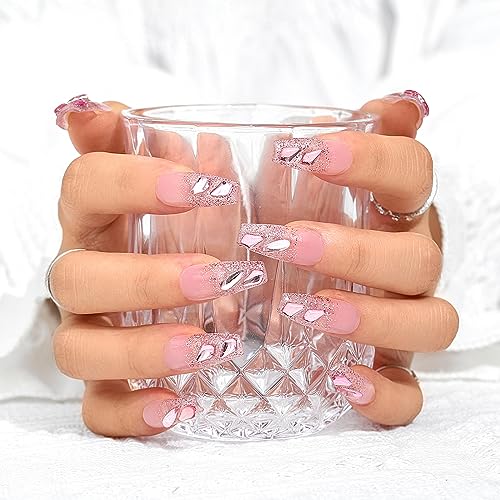 Sethexy Long Coffin Handmade Pink False Nails Rhinestone Glitter Fake Nails with Design Glossy Acrylic Salon Press On Nails for Women and Girls (D) - Image 2
