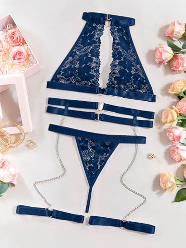 Image of Foxiny Sexy Halter Heart Ring Cutout Chain Floral Lace Sheer Garter Belt Lingerie Set 3 Piece