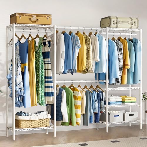 NODIBRO ハンガーラック 大容量 耐久性 組み立て簡単 幅調整可 伸縮式ワードローブ 頑丈 メタルラック 洋服ラック コート掛け 防サビ 省スペース 日本語説明書付き (ホワイト)