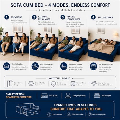Image of FURNY Tressa 3 Seater Fabric Pull-Out Sofa Cum Bed Function (Dark Blue) | Luxury Velvet Suede Finish | Durable Comfort Sofa Bed for Modern Living Room & Office Spaces
