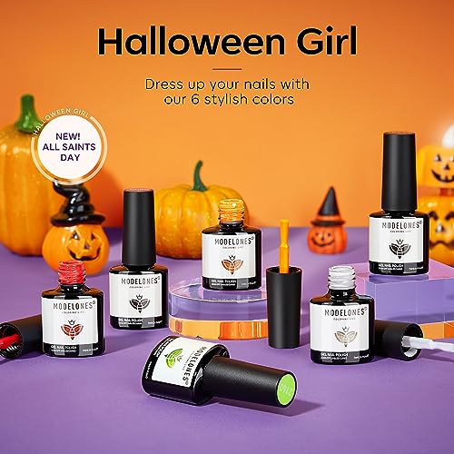Image of Modelones Gel Nail Polish Set 6 Colors Halloween Glow in the Dark Neon Green Orange Purple Red Black Gel Polish Set Soak Off LED Nail Art Kit Gift with Nail Stikers
