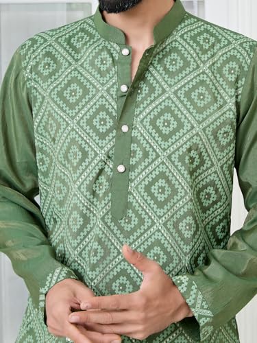 Image of See Designs Men's Full Sleeve Mandarin Collar Embossed Printed Cotton Chanderi Straight Long Kurta with Pyjama - Festive Collection