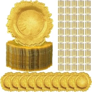 100 Pcs Gold Charger Plates Set Include 50 Pcs 13 Inch Plastic Charger Plate and 50 Pcs Napkin Rings Bulk Gold Chargers for Dinner Plates Elegant Floral Wedding Party Supplies for Table Setting