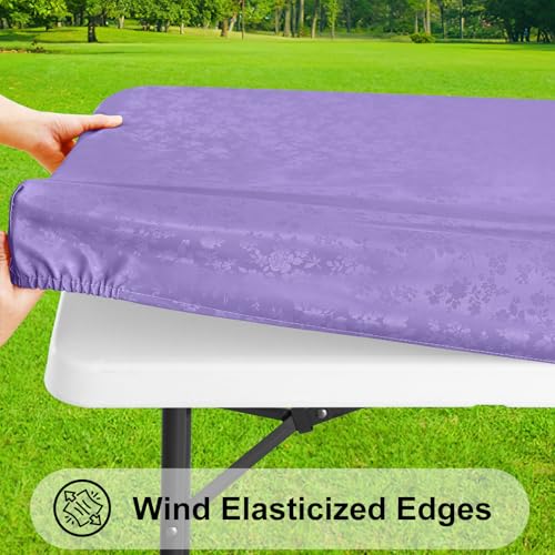 Image of Smiry Heavy Duty Vinyl Fitted Tablecloths for 4 Foot Rectangle Tables | Elastic Waterproof Fitted Tablecloths, Wipeable Washable Table Cover for Kitchen, Dining, Camping (Purple, 24 inch x 48 inch)