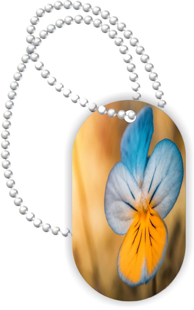 Island Gifting - Blue & Yellow Pansy Flower - Aluminum Dog Tag Necklace Pendant with Ball Chain