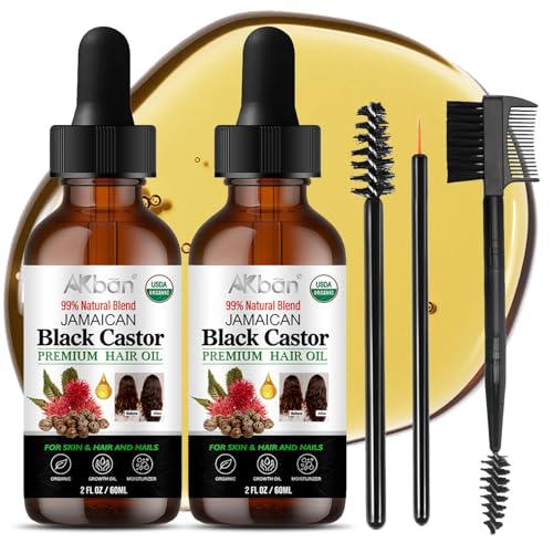 AKBAN Jamaican Black Castor Oil | Pure & Organic | Cold-Pressed Unrefined for Hair Growth Damaged Hair Nourishing Eyebrows Moisturizing skin 2 Fl Oz + 2 Fl Oz