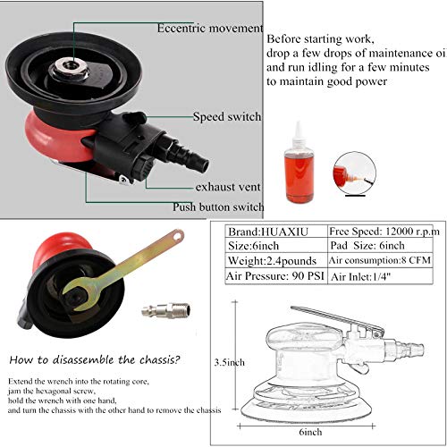 Professional Air Random Orbital Sander, Heavy Duty Dual Action Pneumatic Palm Sander (6 inch, Red) - Image 6