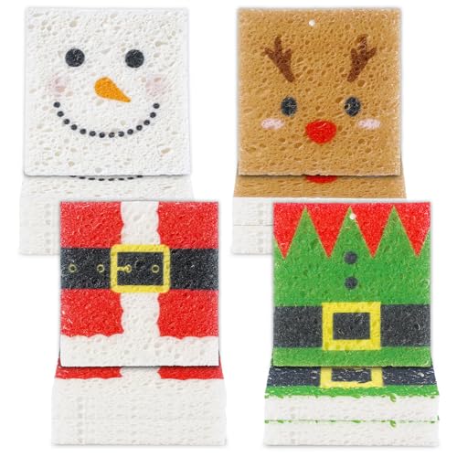 Whaline 8Pcs Christmas Character Kitchen Sponges Santa Reindeer Snowman Elf Water Absorbing Dish Washing Sponge Non Scratch Cleaning Scrub Sponges for Holiday Home Kitchen Bathroom