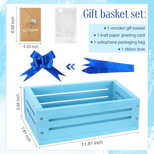 Image of Wonderjune Wooden Baskets for Back to School Gifts Empty Wood Basket with Cellophane Bag Ribbon Greeting Card for Birthday Baby Shower Wedding Housewarming Gifts Packaging(Blue,Small)