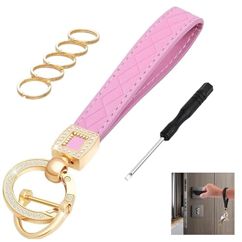 1 stuks sleutelhanger van echt leer voor de autosleutelhanger van microvezel-leer, verwisselbare sleutelhanger, sleutelhanger met 5 sleutelringen en anti-verlies D-ring (roze)