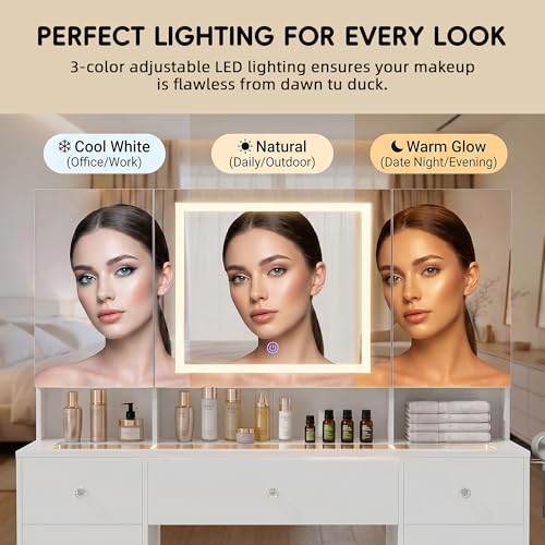 Image of YESHOMY Makeup Table with Power Outlet and Hair Dryer Holder, 3 Folden Mirror with Hidden Storage Shelves, 3 Drawers and 2 Storage Cabinet, for Bedroom, White