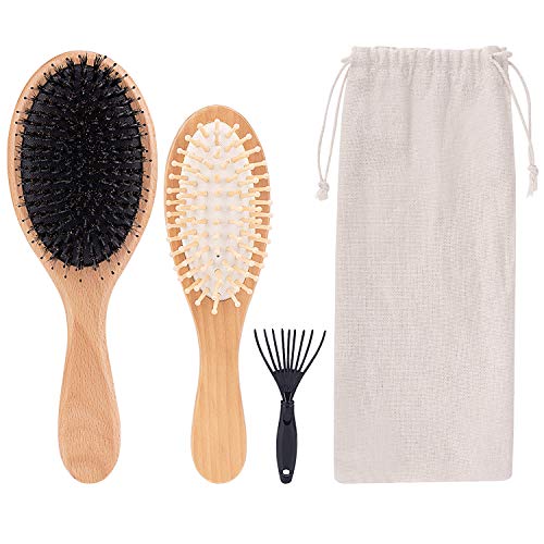 Wooden Hairbrush Set, Hair Brush Boar Bristle And Hairbrush Natural Wooden Bamboo, Massage Scalp Brush and Gift Bag, Make Hair Health Growth And Adds Shine, Hair Brush Suitable For Men Women Kids