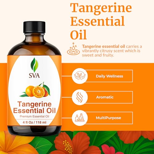 Image of SVA Tangerine Essential Oil 4 Fl Oz - for Diffuser, Skin & Hair Care - Ideal for Massage & DIY Blends - with Dropper