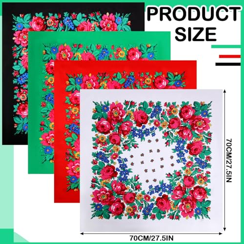 4 Pcs Russian Ethnic Square Hair Head Scarf Printed Polyester Flower Neck Scarf for Women2