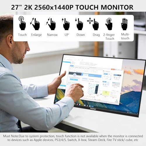 Image of Prechen 27 Inch 2K QHD 100Hz Touchscreen Monitor 10 Point Multi Touch IPS Portable Display, 2560x1440 USB-C HDMI Laptop Monitor with Adjustable Stand & Speakers