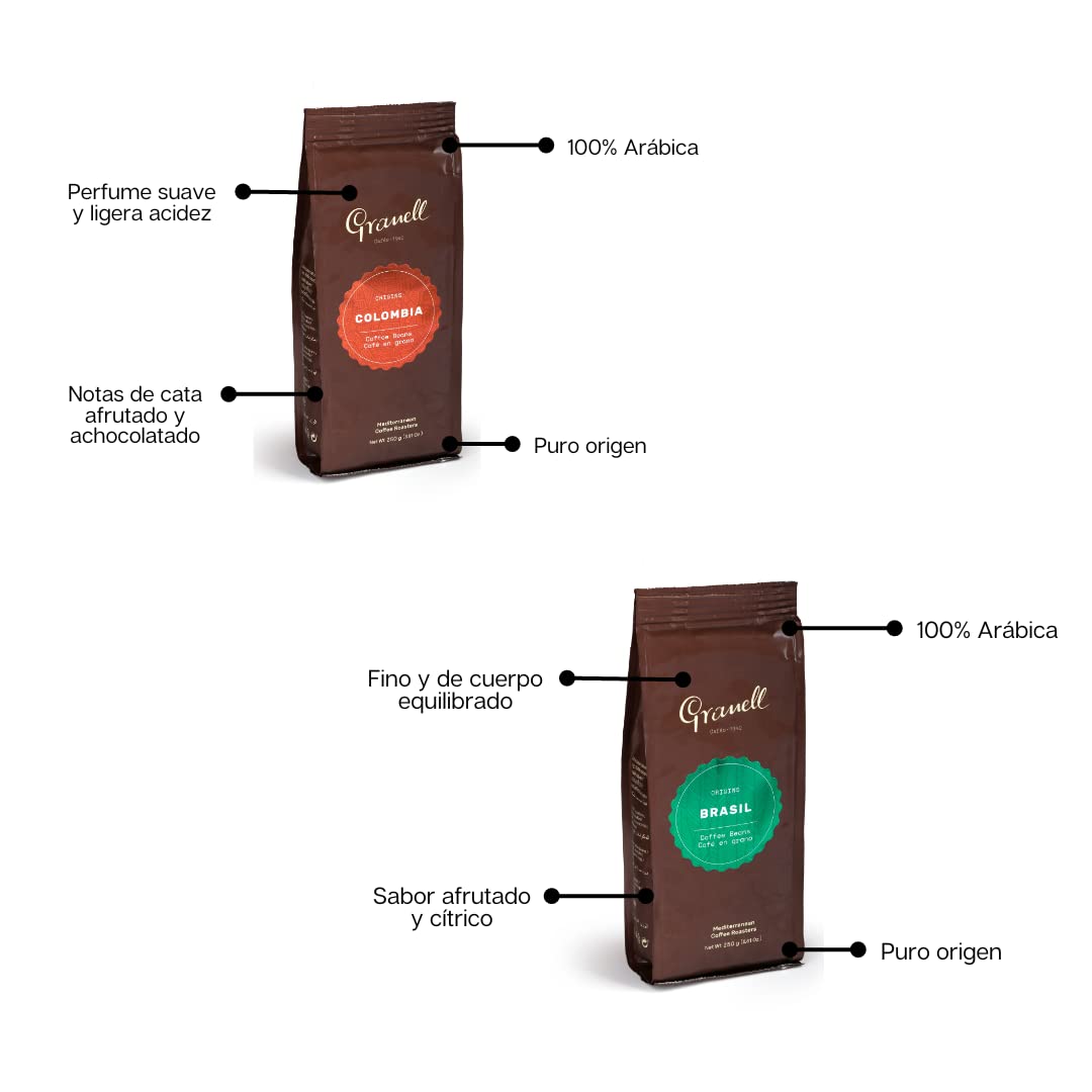 Granell Cafes ·1940 - Pack Degustación Café en Grano | Colombia, Brasil, Selección, Gran Luxe & Natural | Blend Arábica y Robusta de Tueste Natural | 5 Paquetes x 250 Gramos