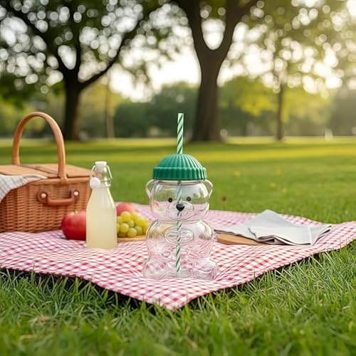 Image of Glass Bear Cup with Reusable Straw & Lid, 20 oz Cute Bear Shape Glass Tumbler for Hot & Cold Drinks, Clear Drinking Mug for Water, Juice, Smoothies, Iced Coffee, Home, Office & Gifting