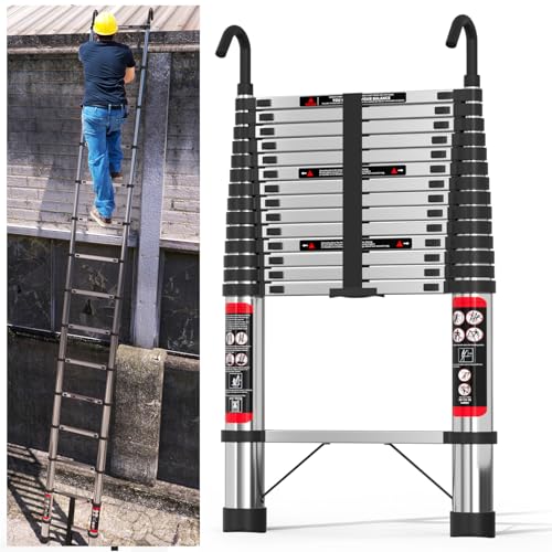 Escalera telescópica 5m/16,4FT, Escalera Extensible Ligera de Acero Inoxidable con 2 Ganchos y estabilizador,Pies Antideslizantes,Escaleras portátiles con una Carga máxima de 150 kg/330 LB