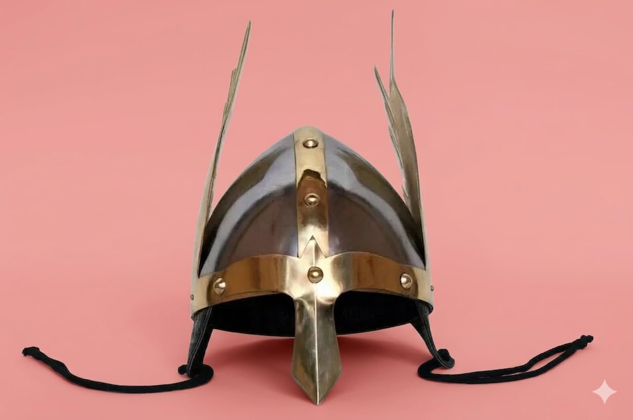 Medieval Viking Winged Helmet, Steel & Brass, Silver, Norman Knight Warrior Replica, One Size Fits Most Adults