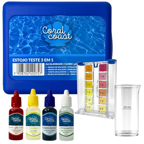 Kit Teste Piscina 3 em 1 CORAL COAST pH Cloro e Alcalinidade com Estojo Completo