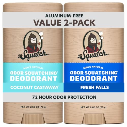 Dr. Squatch Natural Men’s Deodorant – Aluminum Free Natural Deodorant Men with Charcoal & Postbiotics for 72-Hour Odor Protection – Coconut Castaway + Fresh Falls, 2.65oz Stick (2-Pack)