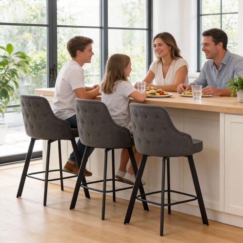 Image of Modern Swivel Bar Stools Set of 3, 26 inch Linen Counter Stools with High Back
