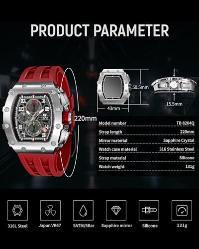 Image of TSAR BOMBA Men's Luxury Quartz Watch, Luminous Dial 5ATM Water Resistance Silicone Strap Men's Wristwatch Ideal Gift for Men