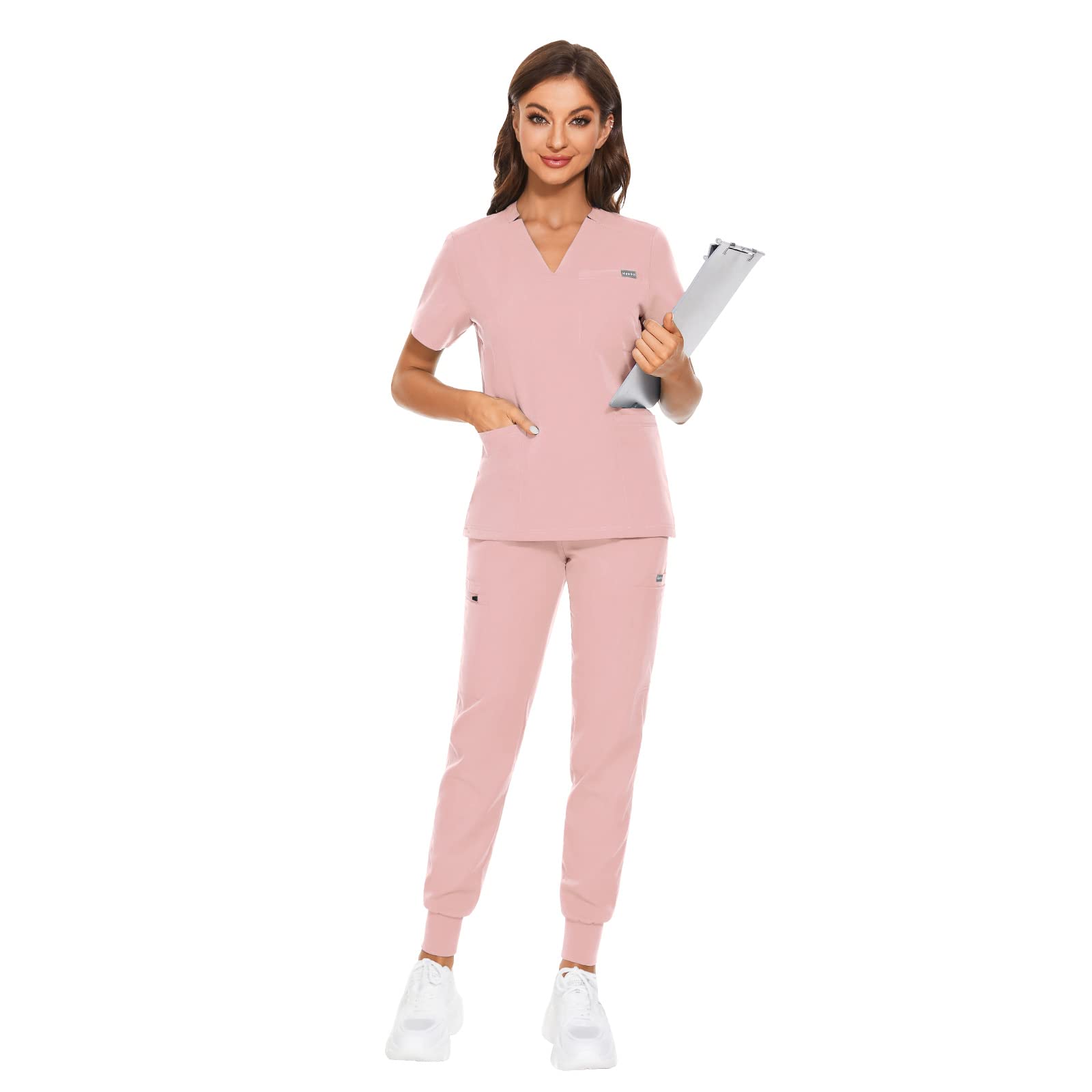 VIAOLI Scrubs for Women Set Nurse V-Neck Solid Short Scrub Tops Jogger Pants Medical Workwear Classic Uniforms Clearance (Pink,S,Small)