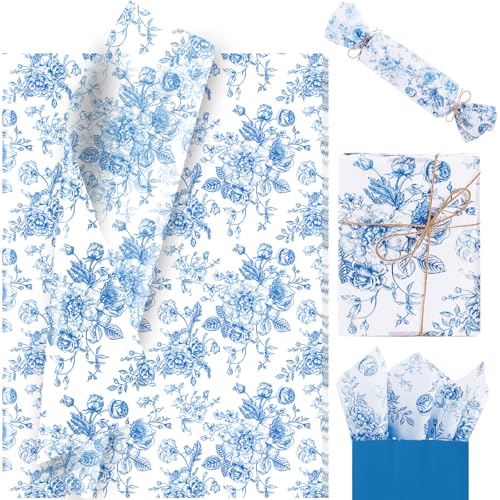 60 Sheet Blue Floral Tissue Paper, 20x14 inch Chinoiserie Gift Wrapping Tissue Paper for Birthday Wedding Baby Shower Party Supplies