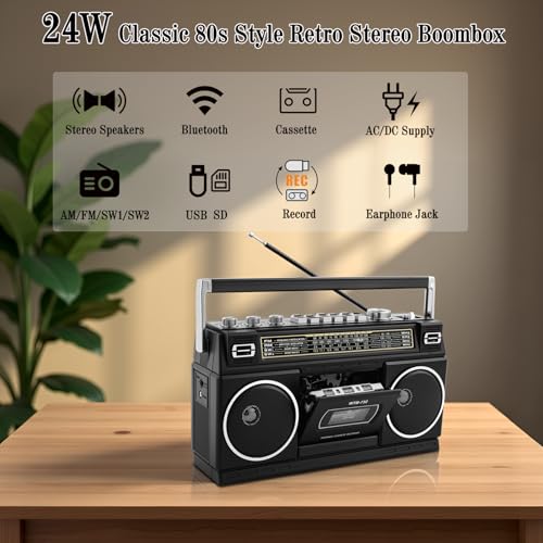 Retro-Classic-Portable-Boombox im 80er-Jahre-Stil mit Kassettenrecorder, AM/FM/SW1/SW2-Radio, Bluetooth-Streaming, USB/SD, AUX, 2 Stereolautsprecher, 24W Dual Full-Range High-Bass-Lautsprechern
