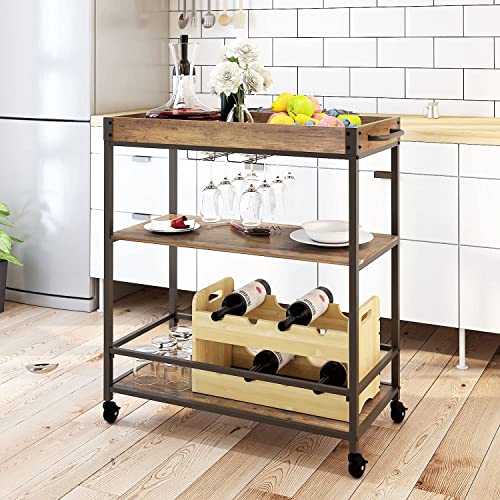 FRSTONE Industrial Bar Serving Cart with Solid Wood Wine Rack, Home Myra Rustic Mobile Kitchen Serving cart, with Glass Holder,36'' Industrial Vintage Style Wood Metal Serving Trolley Rustic Brown