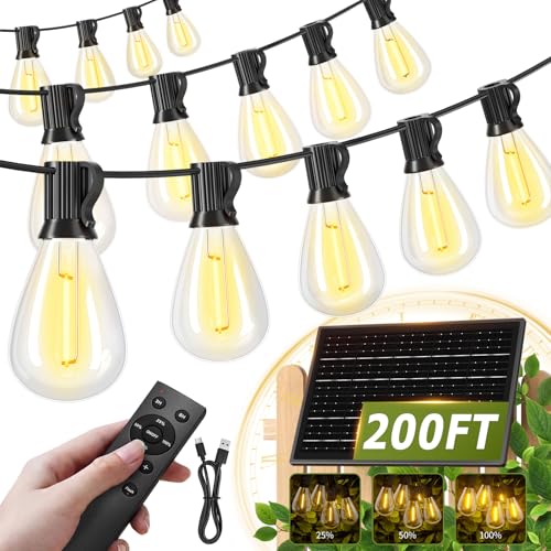 Amzrap 200FT Solar String Lights Outdoor Waterproof 72+2 LED Bulbs Solar Powered with Remote & USB Port 3 Light Modes Dimmable Patio Lights for Large Backyard Garden Party