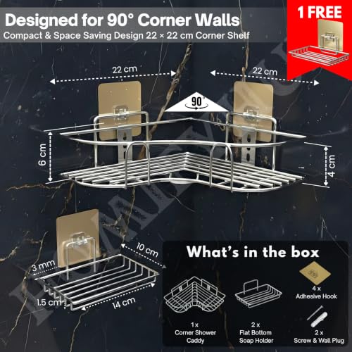 Image of No Drill Bathroom Combo 1 L Shape Corner Shelf & 2 Stickable SS Soap Holders with Drain Tray | Self Adhesive Wall Shelf Organizer for Kitchen & Bathroom Magic Sticker (Silver, Pack of 3)