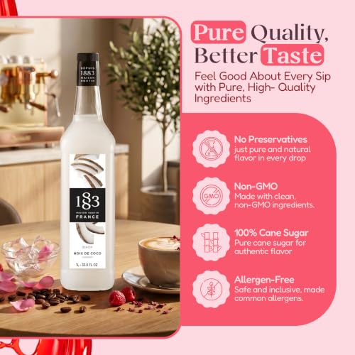 Image of 1883 Strawberry, Raspberry, Peach, Coconut Syrups (Soda Flavors) for Drinks - 1 Liter Plastic Bottles (Pack of 4)