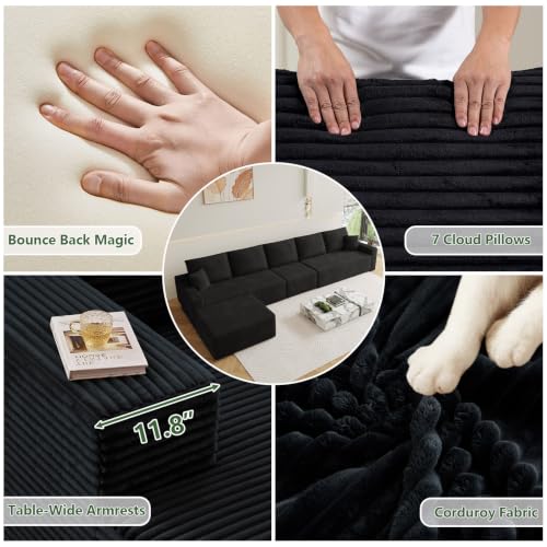 Image of Oversized Modular Sectional Sofa Couch, Large 6 Seater Corner Sofa Modern L Shaped Sectional Couch with Ottoman Cloud Couches for Living Room, Office, Spacious Space, Corduroy, No Assembly, Black