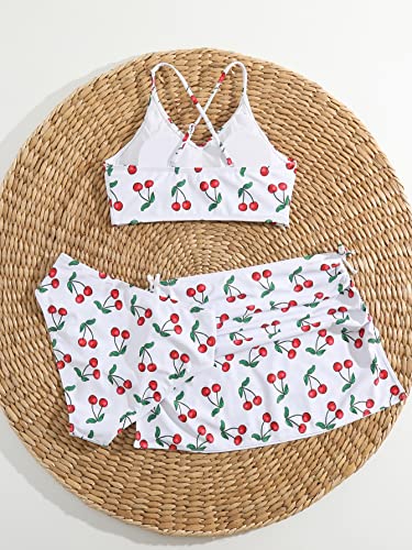 SHENHE Girl's 3 Piece Cute High Waisted Ruffle Trim Swimsuit Bikini Sets with Beach Skirt White-Cherry 8-9Y2