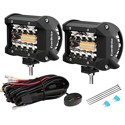 EverBrite 2PCS 4 Inch 60W Led Pods, Off Road Light Pods, White Amber Strobe 6 Modes with Memory Function, 12V Led Lights for Trucks Car ATV SUV Cabin Boat, 16AWG Wiring Harness Kit