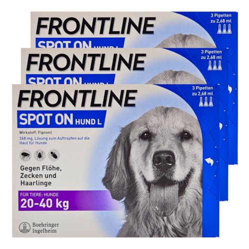 Frontline Spot on für Hunde - Zuverlässiger Schutz gegen Zecken, Flöhe und Haarlinge – Einfach aufzutragen I Sparset mit give-Away von Pharma Perle (Frontline für Hunde L 20-40 kg 3 x 3 St.)
