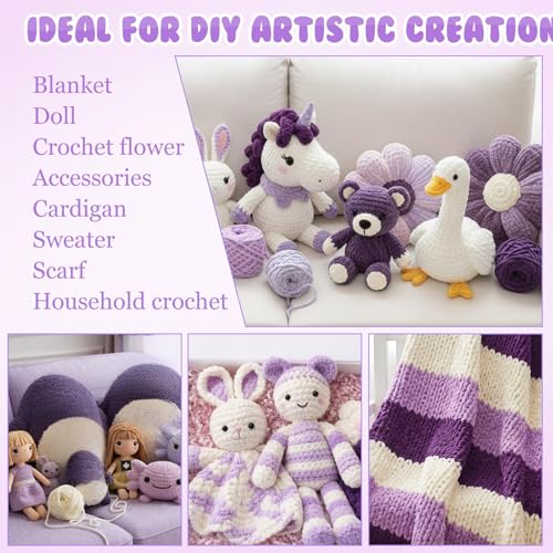 Image of Buryeah 8 Pack Chunky Chenille Yarn for Crocheting Soft Thick Fluffy Yarn for Hand Knitting Bulky Velvet Blanket Plush for Weaving DIY Crafts Each 3.5 oz 55 Yards (Purple Series)