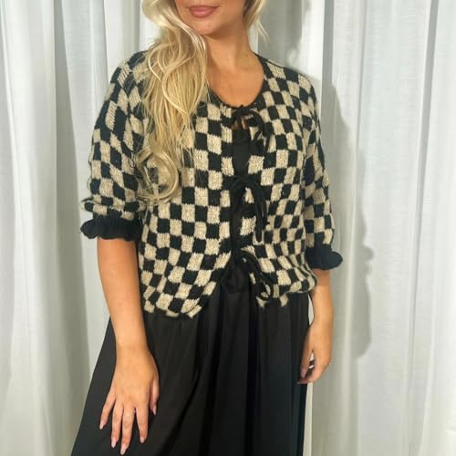 Women Y2K Tie Front Cardigan Sweater Ruffle Short Sleeve Checkered Open Front Knit Sweater Cute Loose Knitwear Tops3