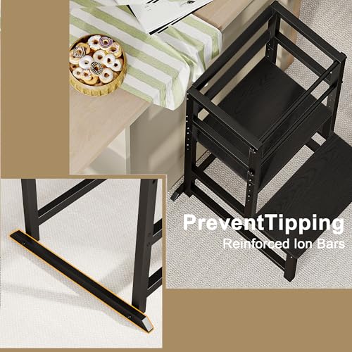 Image of INNOD Kitchen Step Stool for Toddlers, Height Adjustable Toddler Tower with Safety Rail, Steel and Wood Toddler Kitchen Stool Helper Kids, Stool for Kids, Learning Tower, Kids' Desk Black