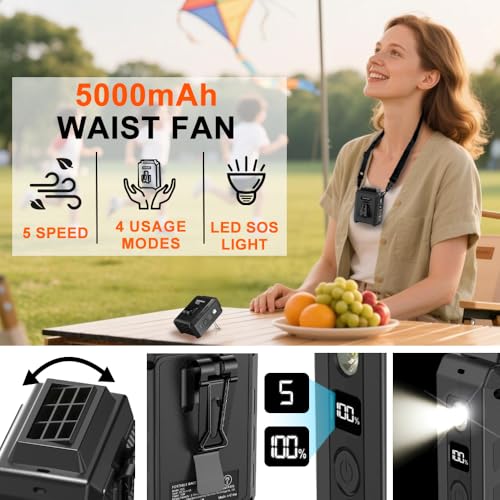Image of CAZOKASI Personal Waist Clip Fan Rechargeable Wearable Hand Free Wearable Cooler Fan for Traveling Working Outdoor Office (5000mAh / Black)