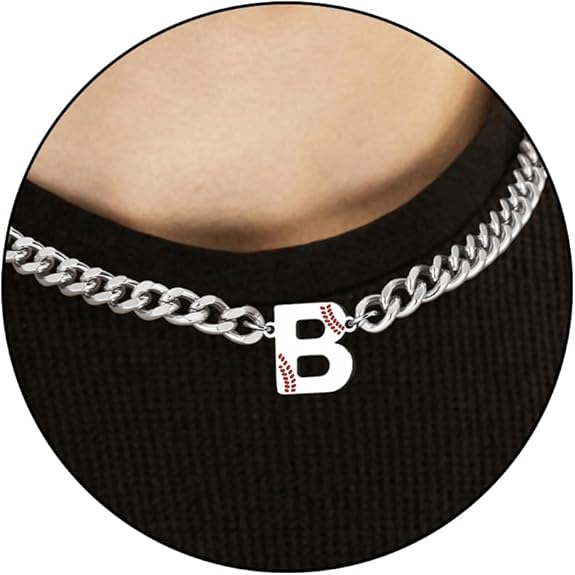 Baseball Necklaces for Boys Stainless Steel Initial Necklace with Letter A-Z 6.5mm Cuban Chain Adjustable Gifts for Men Boys 16+2 Inches