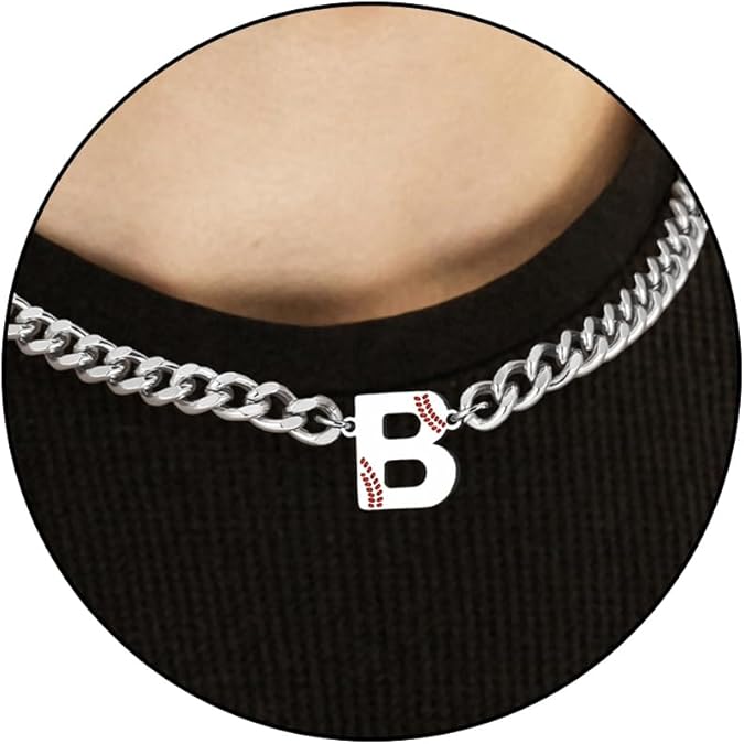 Baseball Necklaces for Boys Stainless Steel Initial Necklace with Letter A-Z 6.5mm Cuban Chain Adjustable Gifts for Men Boys 16+2 Inches