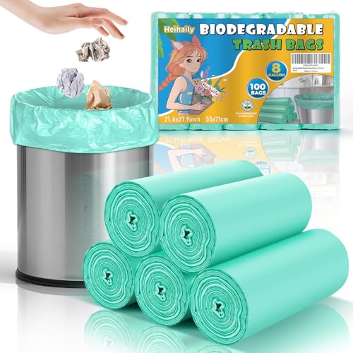 Biodegradable Medium Trash Bags 8 Gallon - Compostable Clear Green Garbage Bags Unscented 100 Count Strong Thick Waste Basket Can Liners for Home Office Bedroom Heihaily