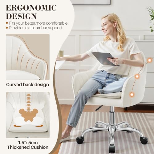 Image of Vanity Chair with Wheels, Comfy Home Office Desk Chairs Adjustable Modern Velvet Makeup Vanity Chairs for Bedroom Living Room-Beige