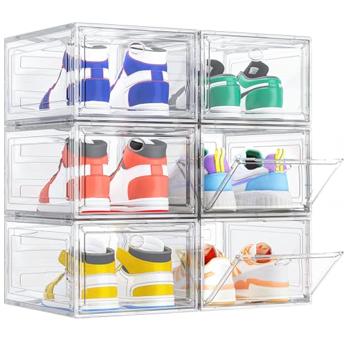 TidyTrove Boîtes à chaussures, Lot de 6, Boîte à Chaussures en Plastique Transparent Empilable, Conteneurs Organisateurs de Chaussures Pliables et Robustes avec Porte pour Femmes/Hommes, Blanc