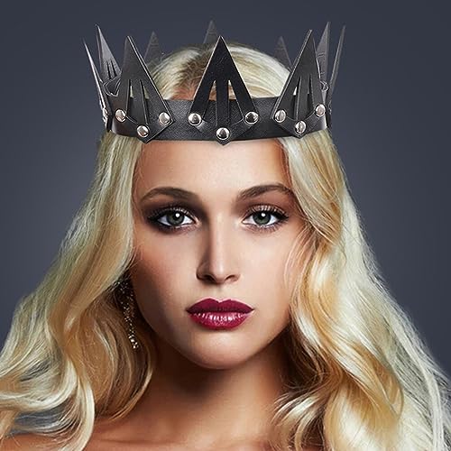 minkissy Queen 's Crown Black Head Band Hair Bands for Women Head Band for Men Black Tiara Gothic Headpiece Halloween Headpiece Cosplay Headband Company Reward Man Leather Black Crown - Image 2